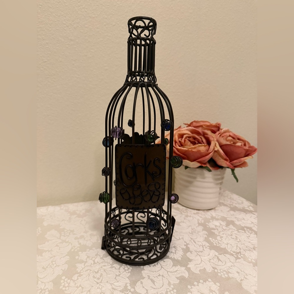 Black Decorative Wire Wine Bottle Cork Holder with Multicolor Accents